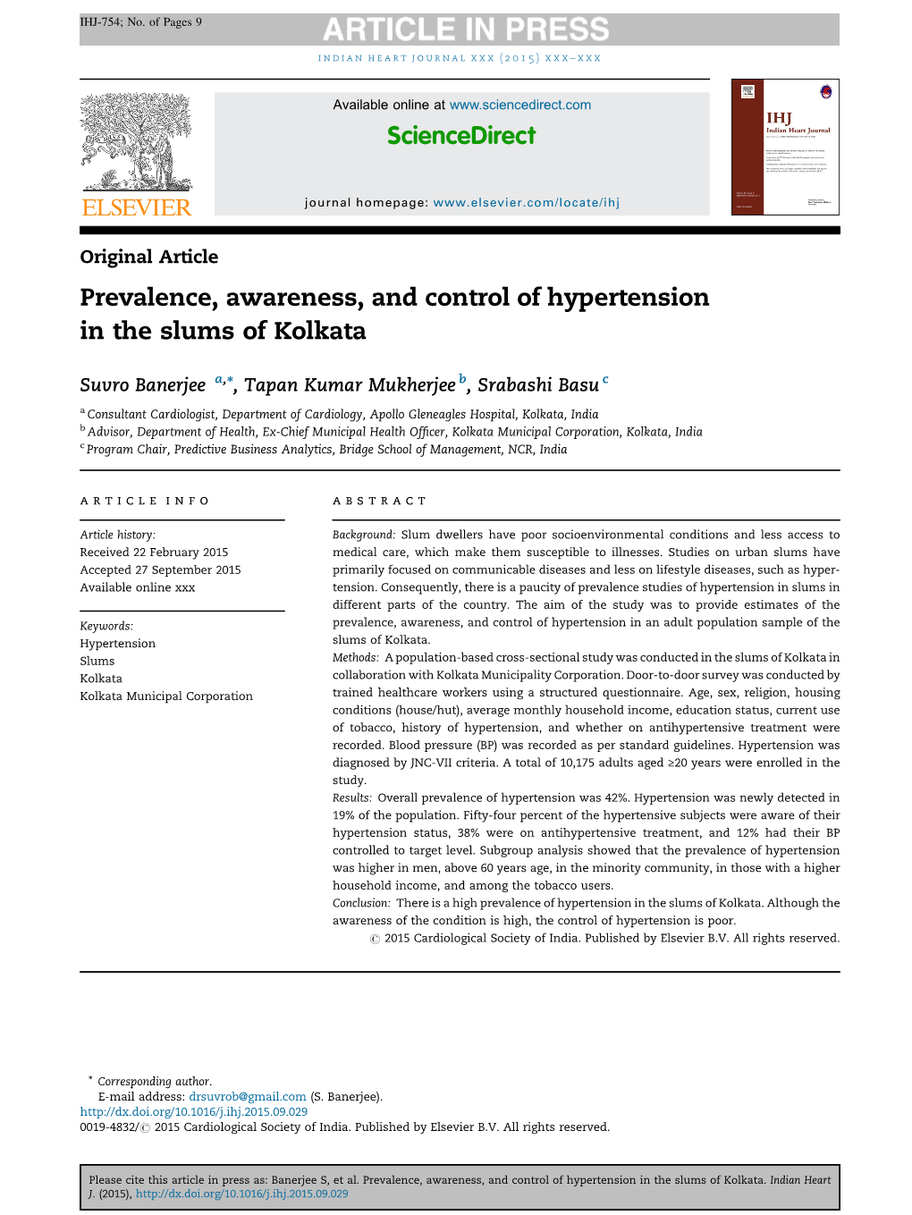 Prevalence, Awareness, and Control of Hypertension in the Slums of Kolkata