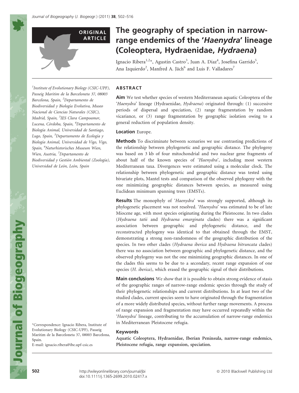 Coleoptera, Hydraenidae, Hydraena) Ignacio Ribera1,2*, Agustı´N Castro3, Juan A