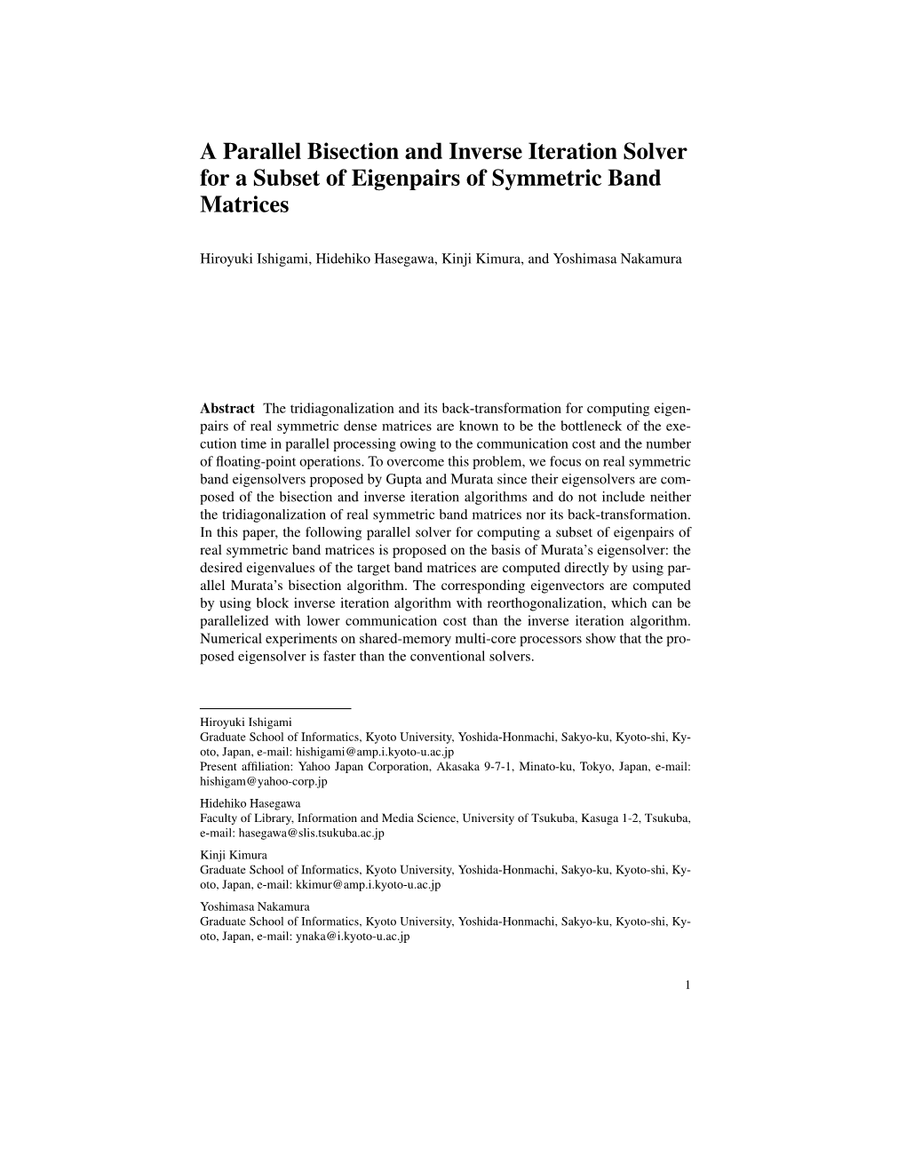 A Parallel Bisection and Inverse Iteration Solver for a Subset of Eigenpairs of Symmetric Band Matrices