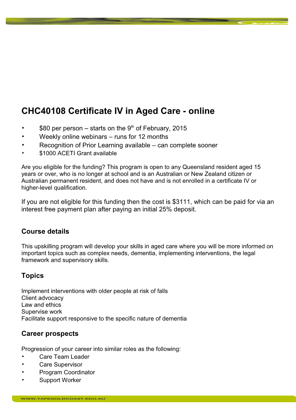 CHC40108 Certificate IV in Aged Care - Online