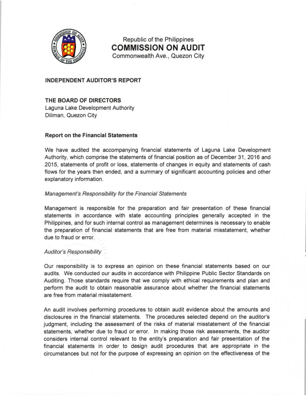 LAGUNA LAKE DEVELOPMENT AUTHORITY STATEMENTS of FINANCIAL POSITION December 31, 2016 and 2015 (In Philippine Peso)