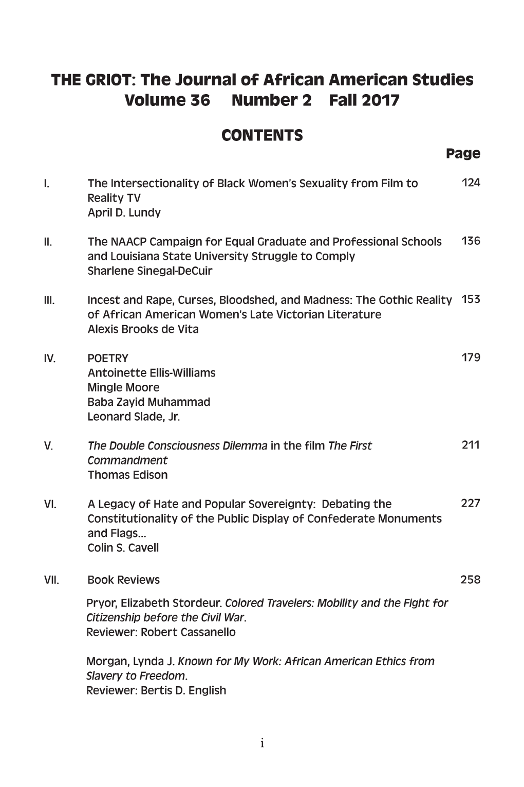 THE GRIOT: the Journal of African American Studies Volume 36 Number 2 Fall 2017