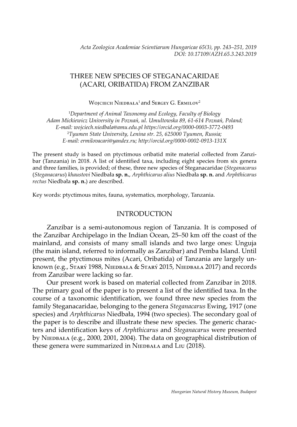 Three New Species of Steganacaridae (Acari, Oribatida) from Zanzibar