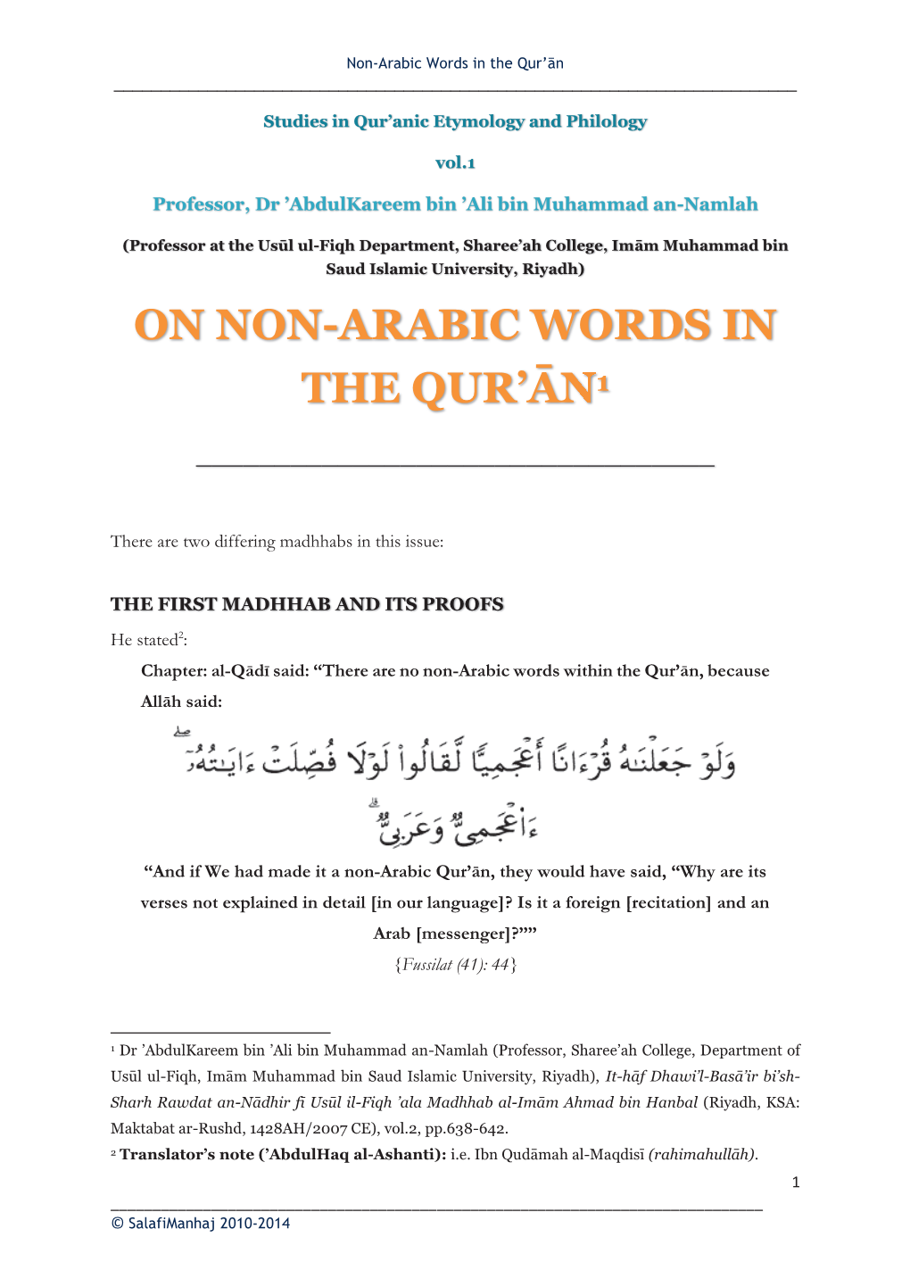 On Non-Arabic Words in the Qur'ān1