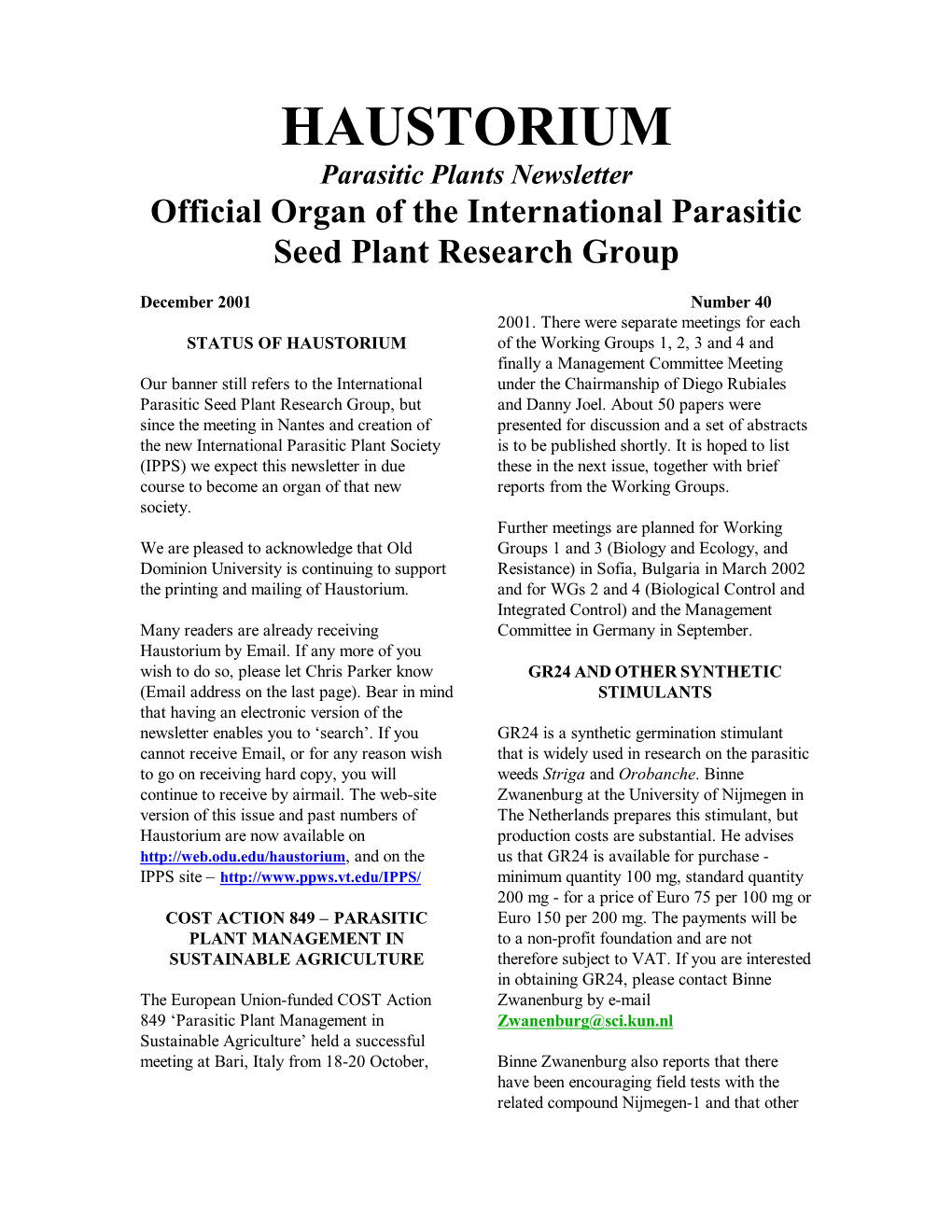 HAUSTORIUM Parasitic Plants Newsletter Official Organ of the International Parasitic Seed Plant Research Group