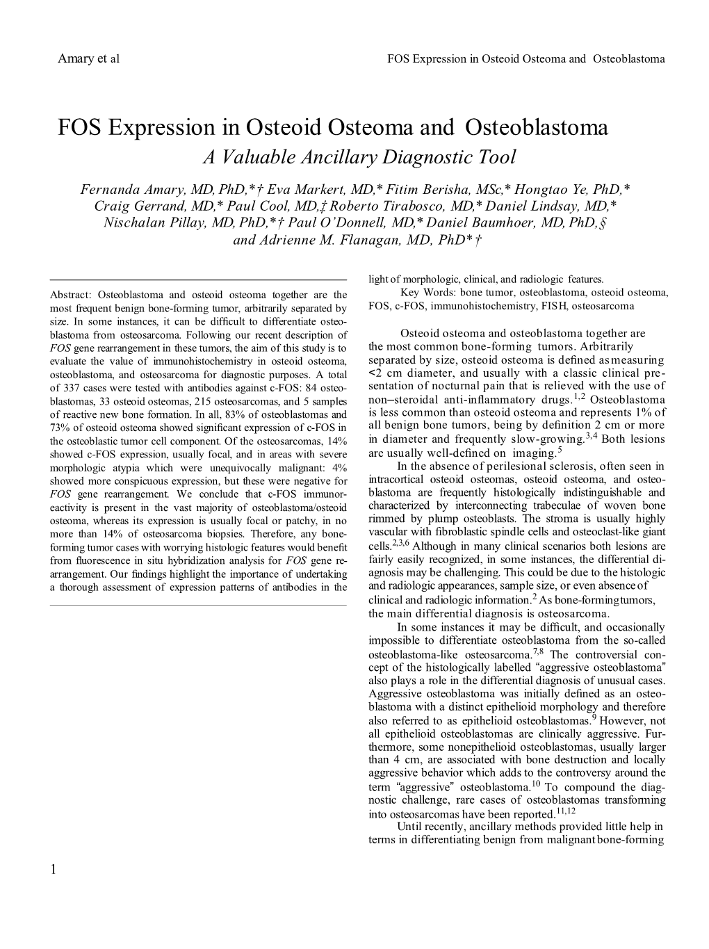 FOS Expression in Osteoid Osteoma and Osteoblastoma