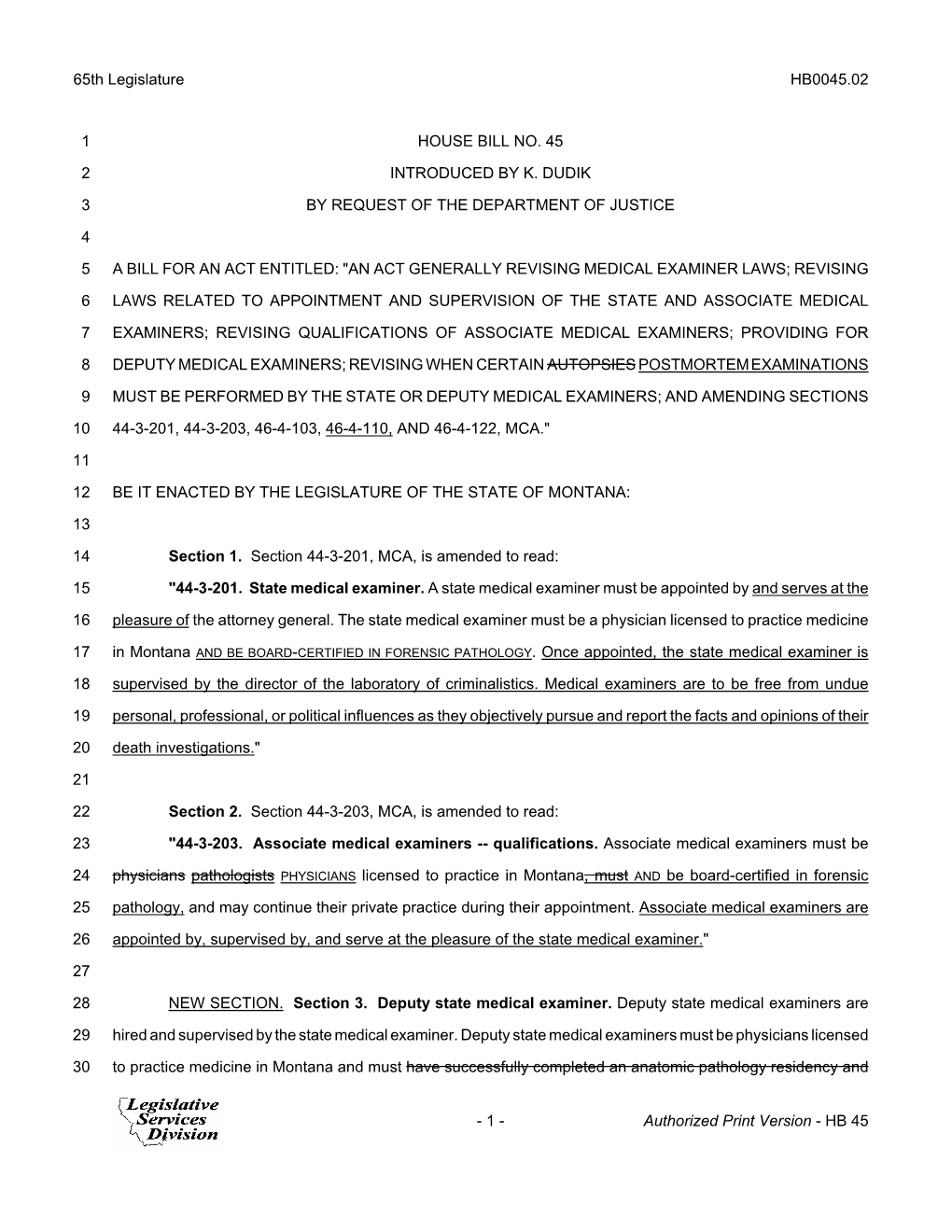 65Th Legislature HB0045.02 HOUSE BILL NO. 45 1 INTRODUCED by K