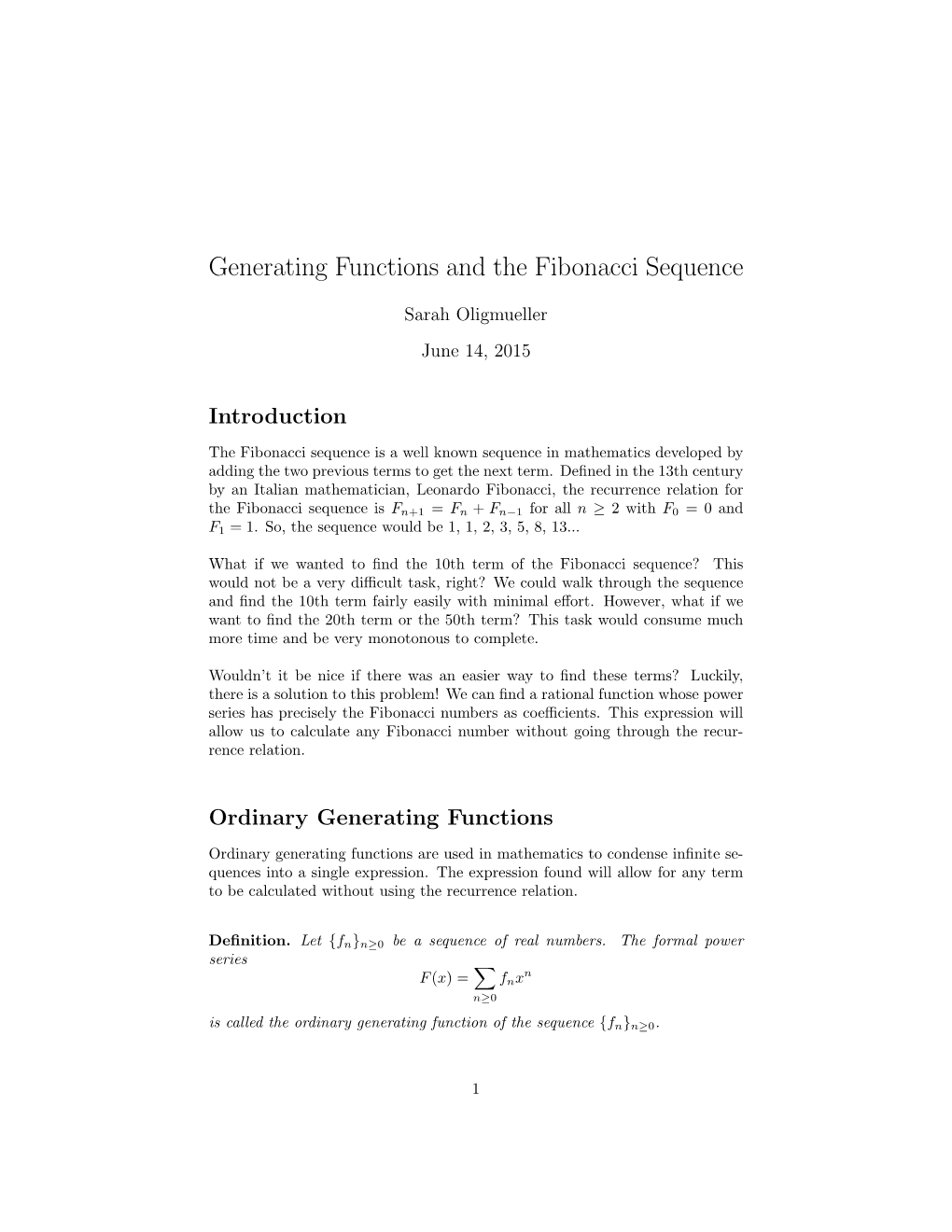 Generating Functions and the Fibonacci Sequence