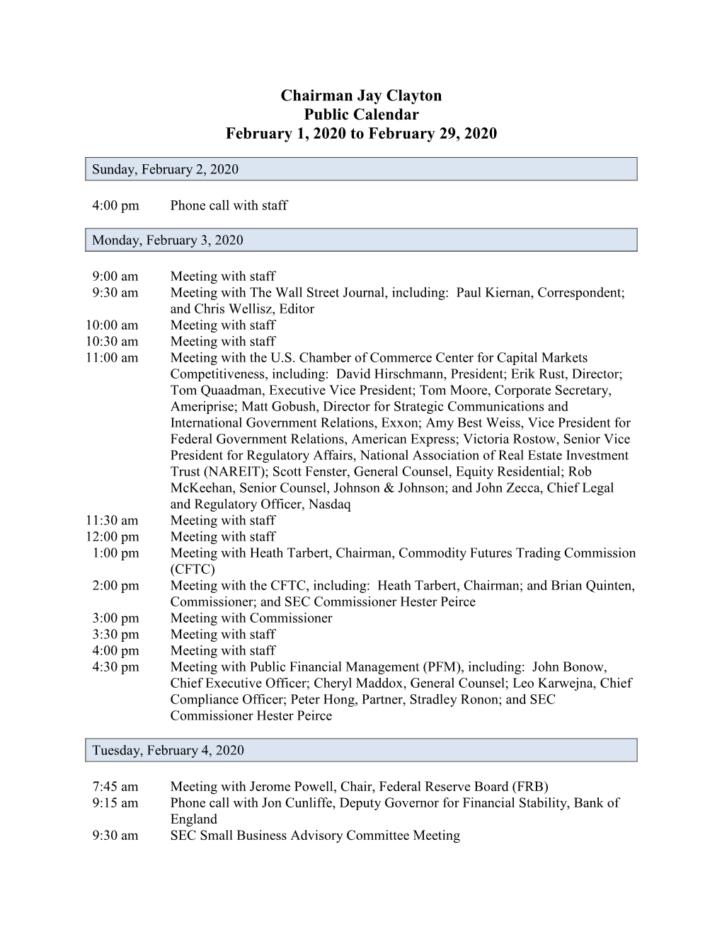 Chairman Jay Clayton, February 1, 2020 to February 29, 2020