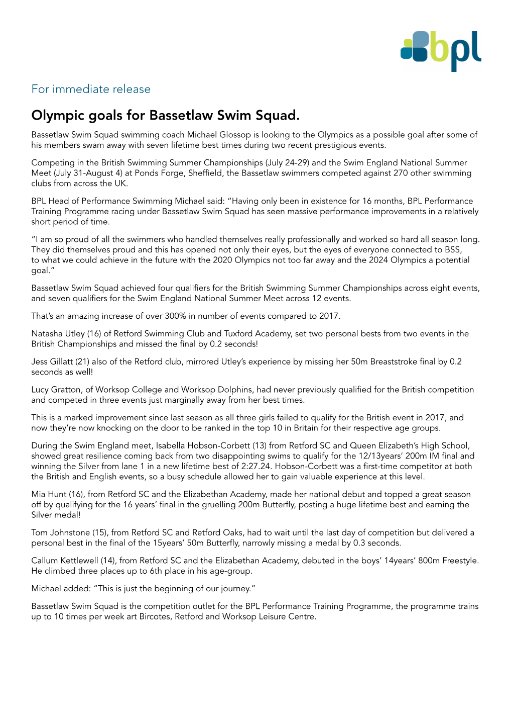 Olympic Goals for Bassetlaw Swim Squad