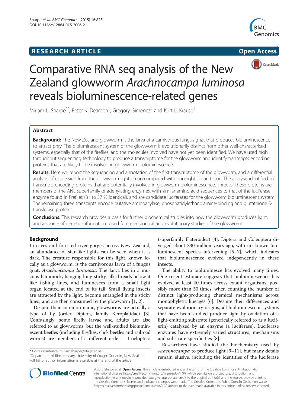 Comparative RNA Seq Analysis of the New Zealand Glowworm Arachnocampa Luminosa Reveals Bioluminescence-Related Genes Miriam L