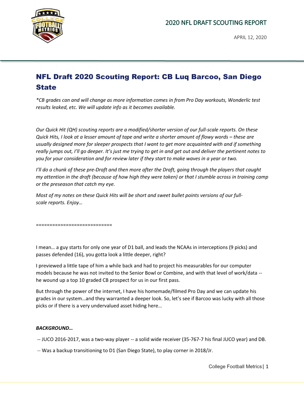 2020 NFL DRAFT SCOUTING REPORT NFL Draft 2020 Scouting