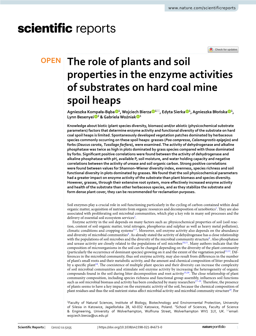 The Role of Plants and Soil Properties in the Enzyme Activities Of