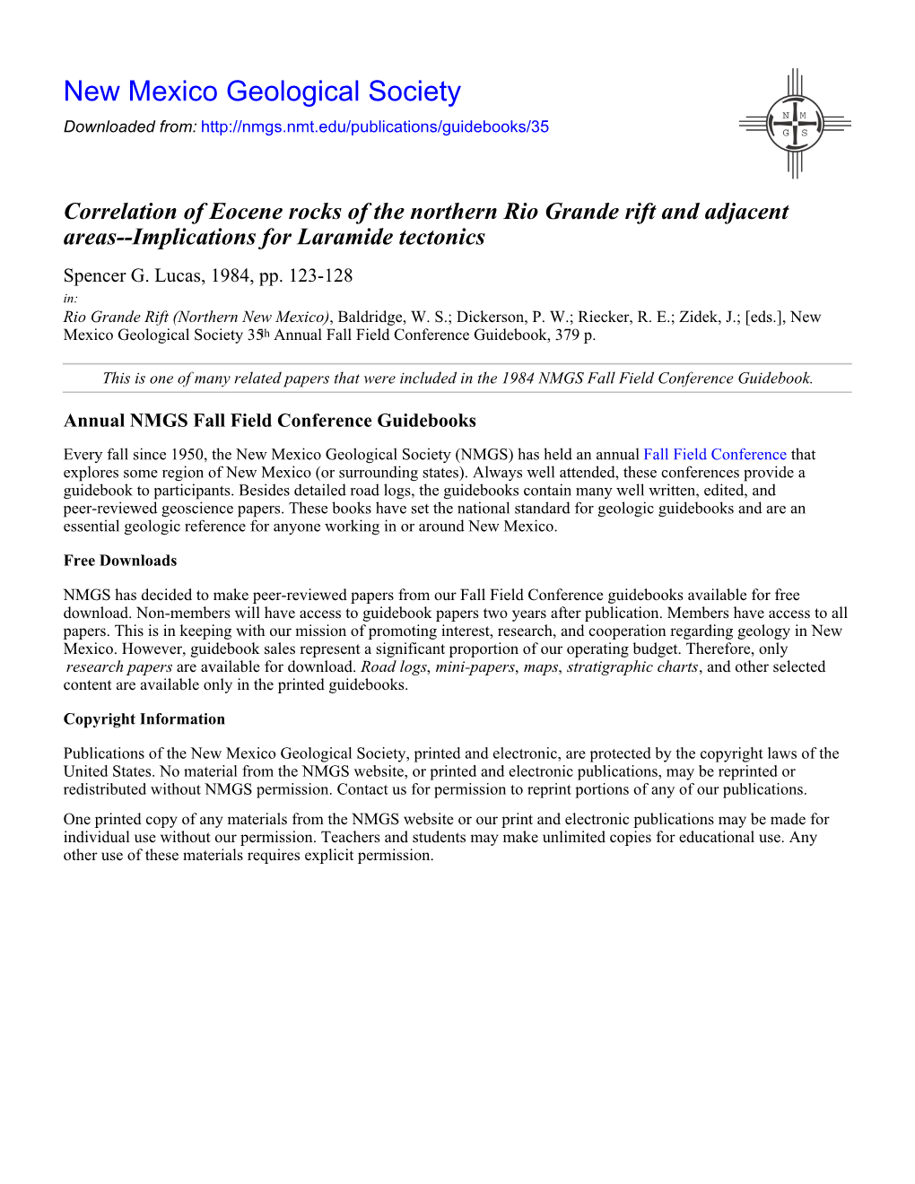 Correlation of Eocene Rocks of the Northern Rio Grande Rift and Adjacent Areas--Implications for Laramide Tectonics Spencer G