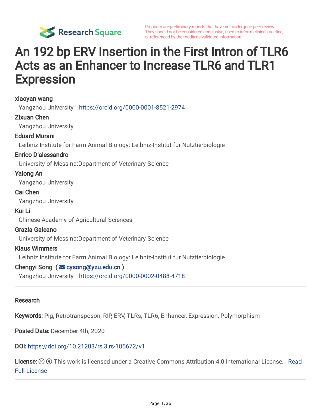 An 192 Bp ERV Insertion in the First Intron of TLR6 Acts As an Enhancer