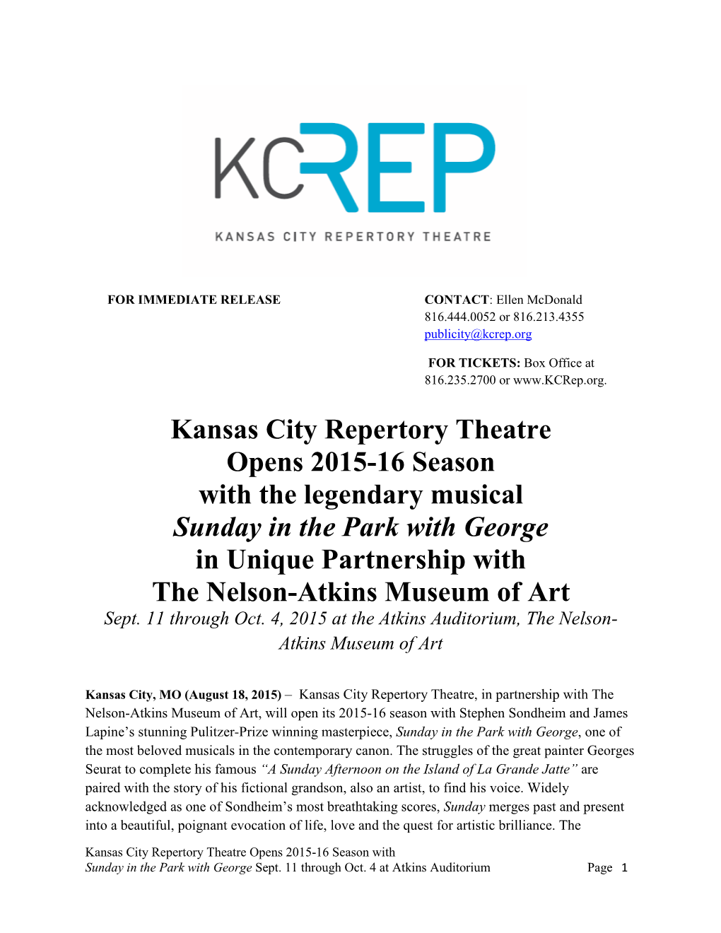 Kansas City Repertory Theatre Opens 2015-16 Season with the Legendary