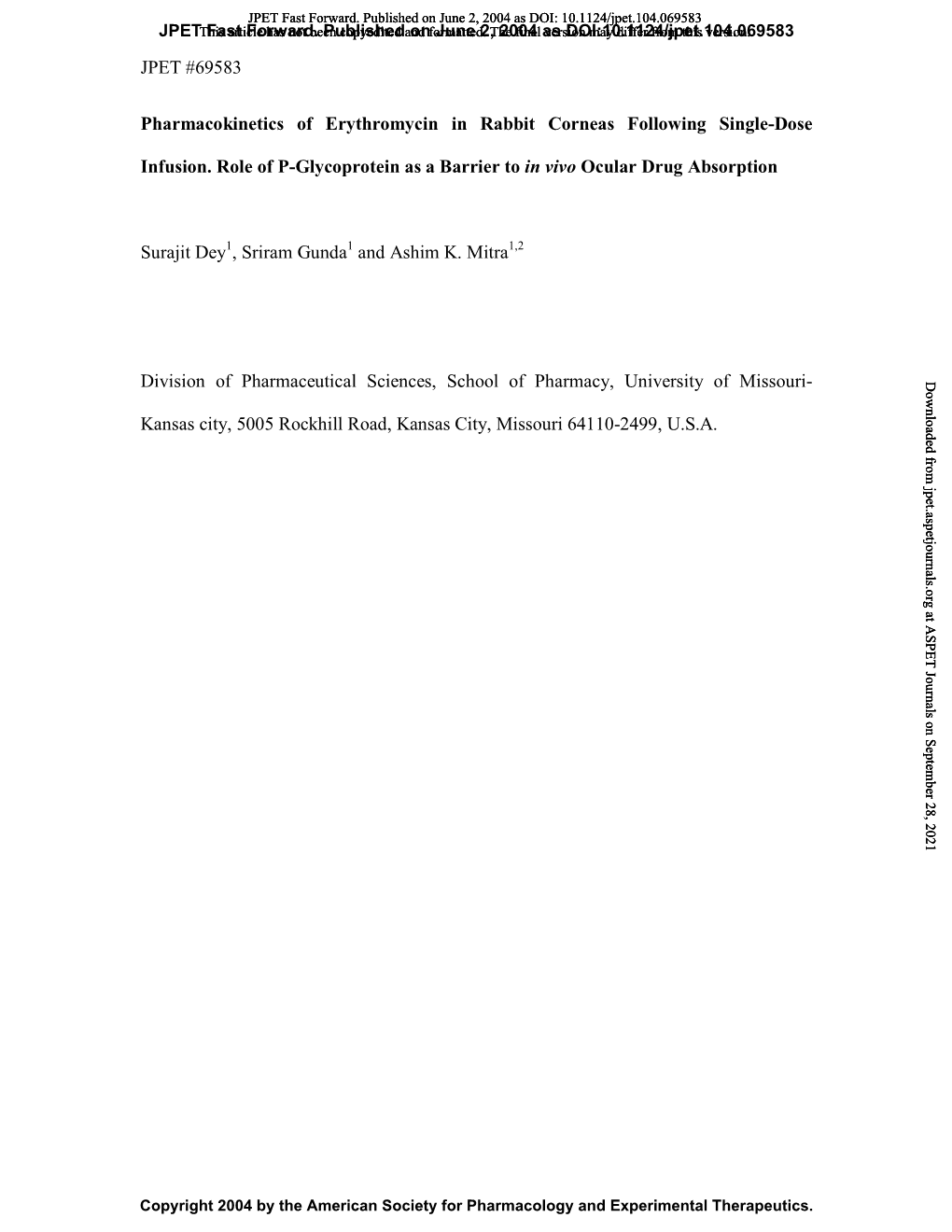 JPET #69583 Pharmacokinetics of Erythromycin in Rabbit Corneas