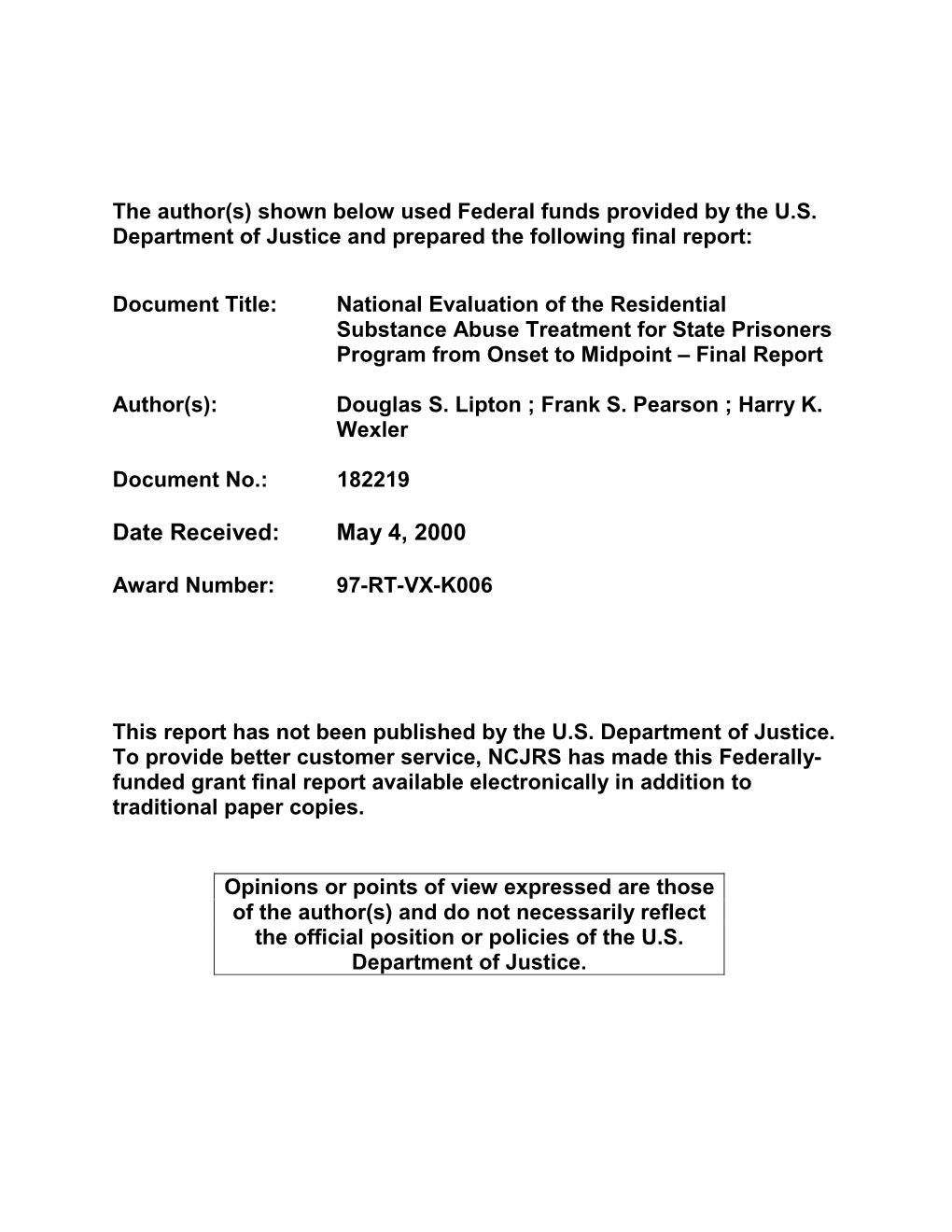 National Evaluation of the Residential Substance Abuse Treatment for State Prisoners Program from Onset to Midpoint – Final Report