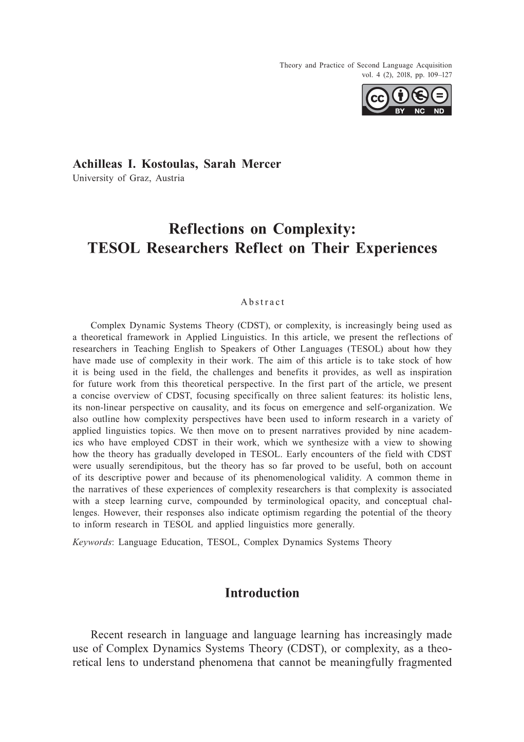 Reflections on Complexity: TESOL Researchers Reflect on Their Experiences