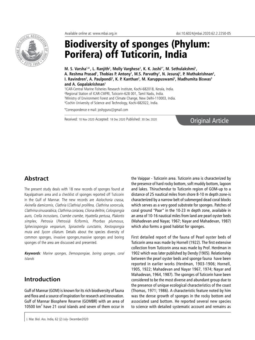 Biodiversity of Sponges (Phylum: Porifera) Off Tuticorin, India