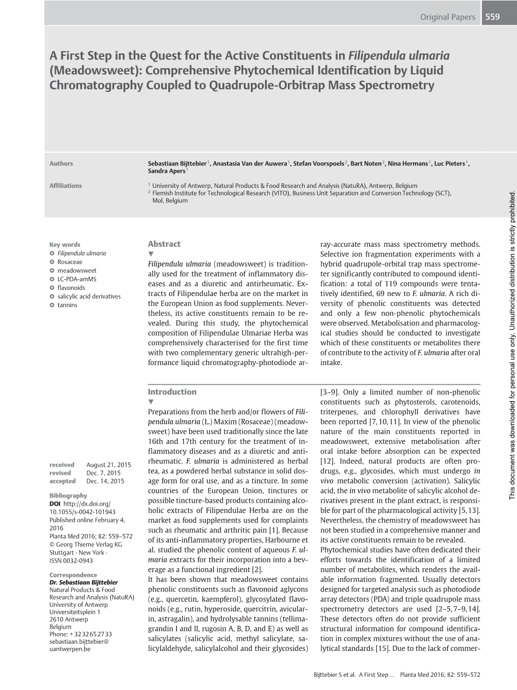 Meadowsweet): Comprehensive Phytochemical Identification by Liquid Chromatography Coupled to Quadrupole-Orbitrap Mass Spectrometry