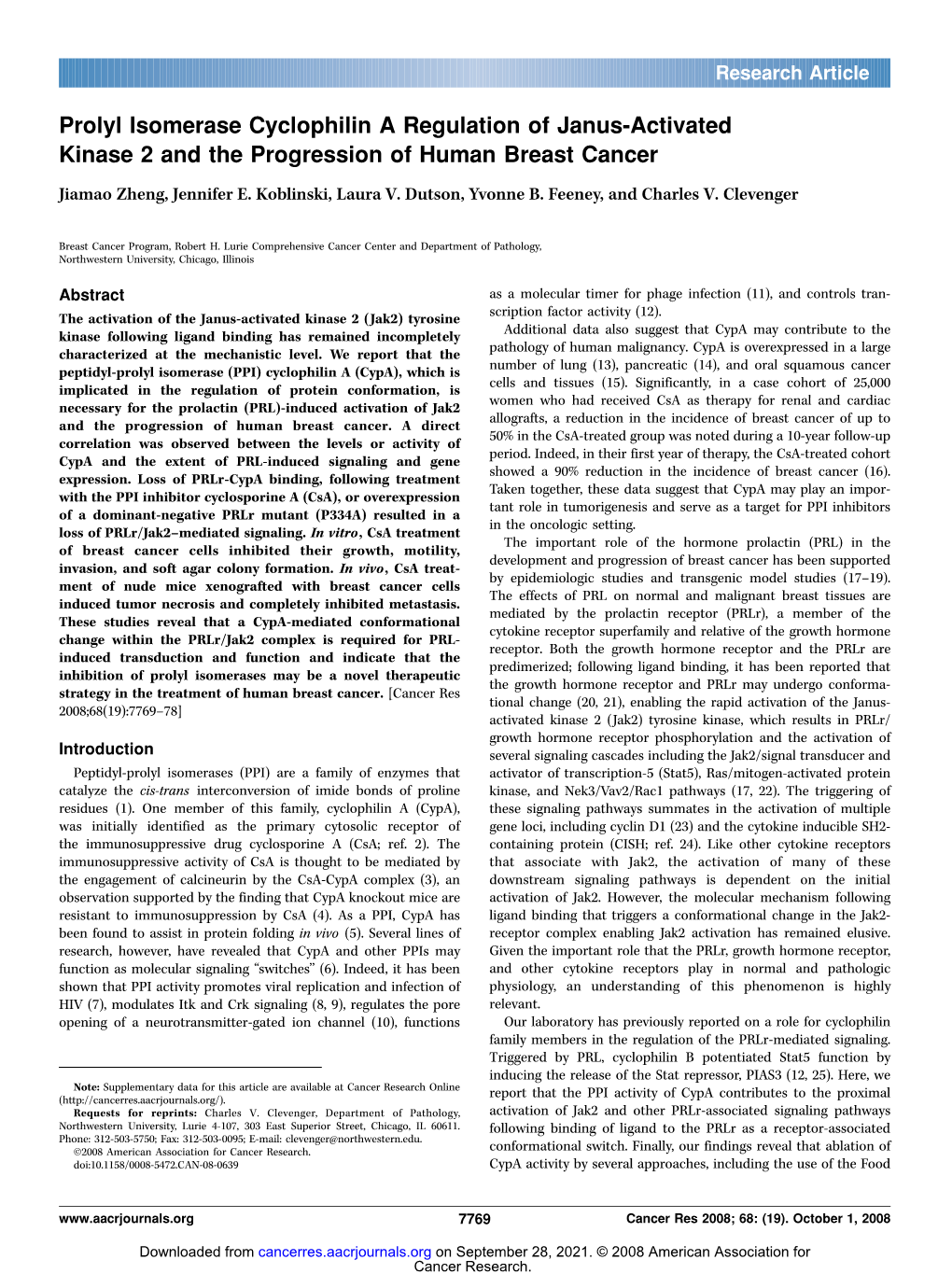 Prolyl Isomerase Cyclophilin a Regulation of Janus-Activated Kinase 2 and the Progression of Human Breast Cancer