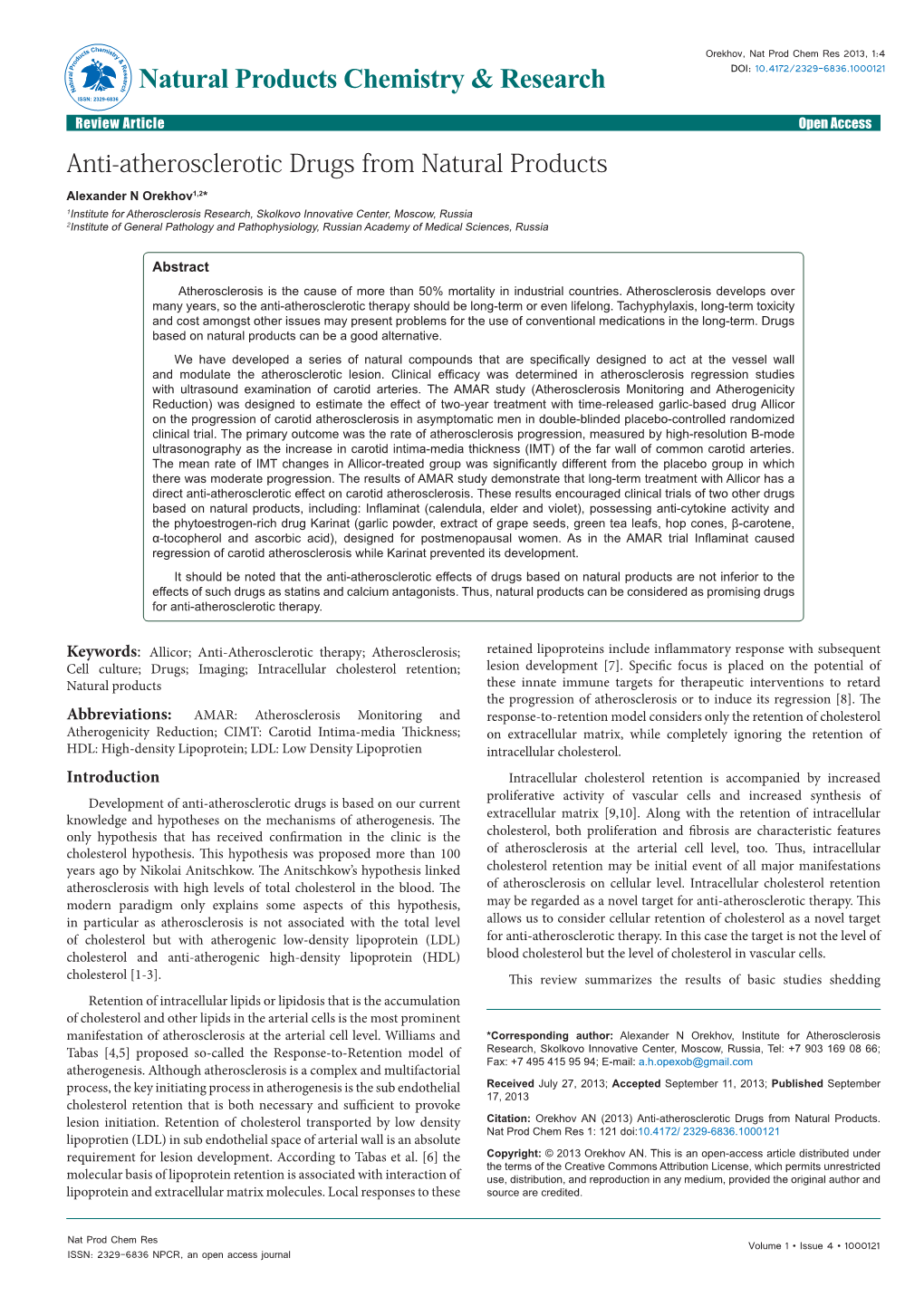 Anti-Atherosclerotic Drugs from Natural Products