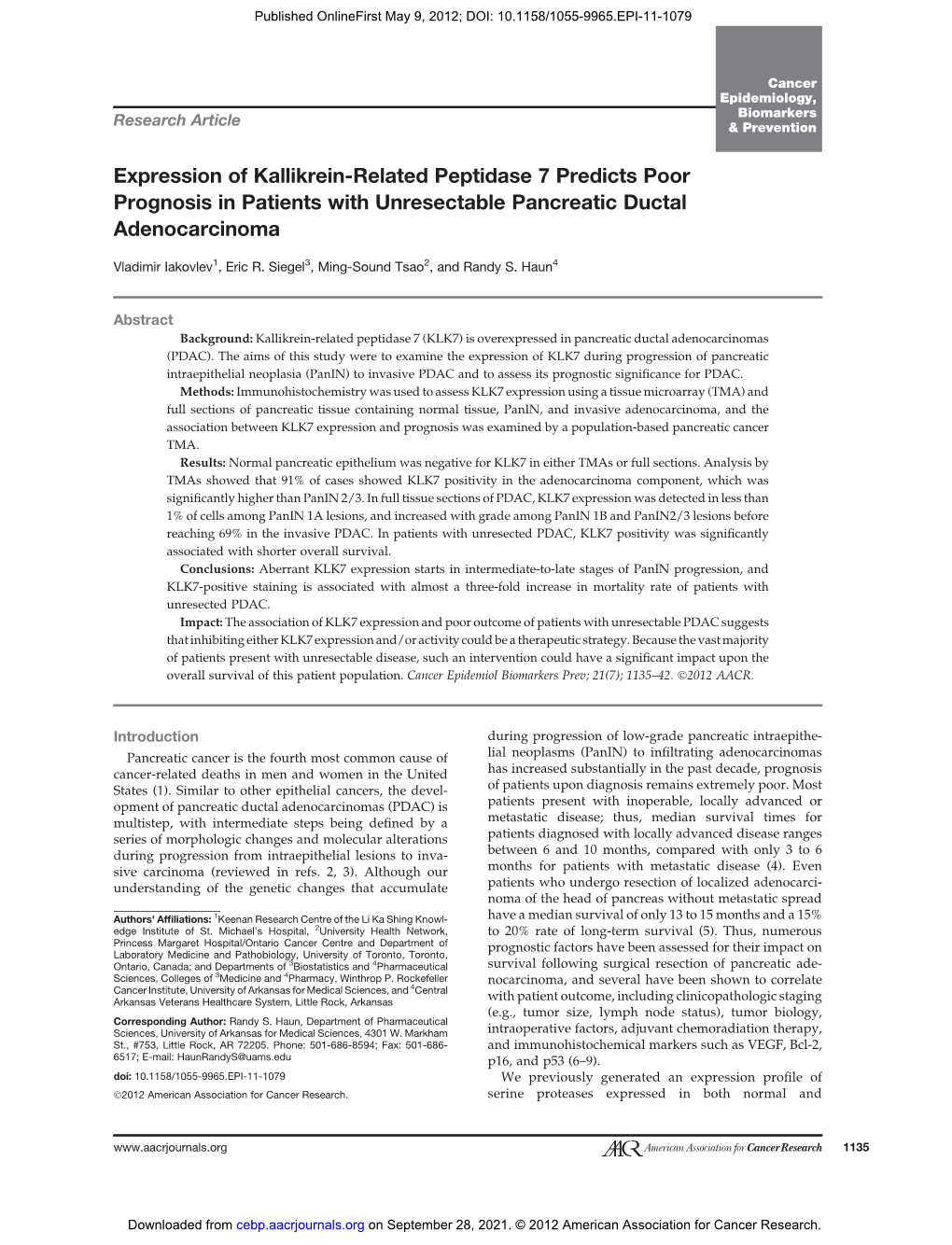 Expression of Kallikrein-Related Peptidase 7 Predicts Poor Prognosis in Patients with Unresectable Pancreatic Ductal Adenocarcinoma