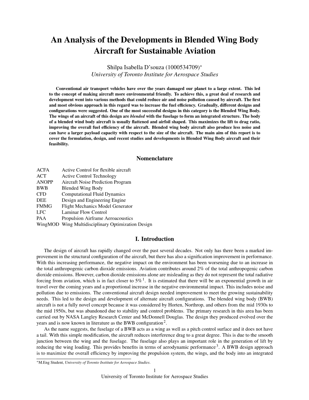 An Analysis of the Developments in Blended Wing Body Aircraft for Sustainable Aviation