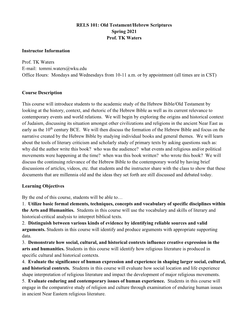 RELS 101: Old Testament/Hebrew Scriptures Spring 2021 Prof