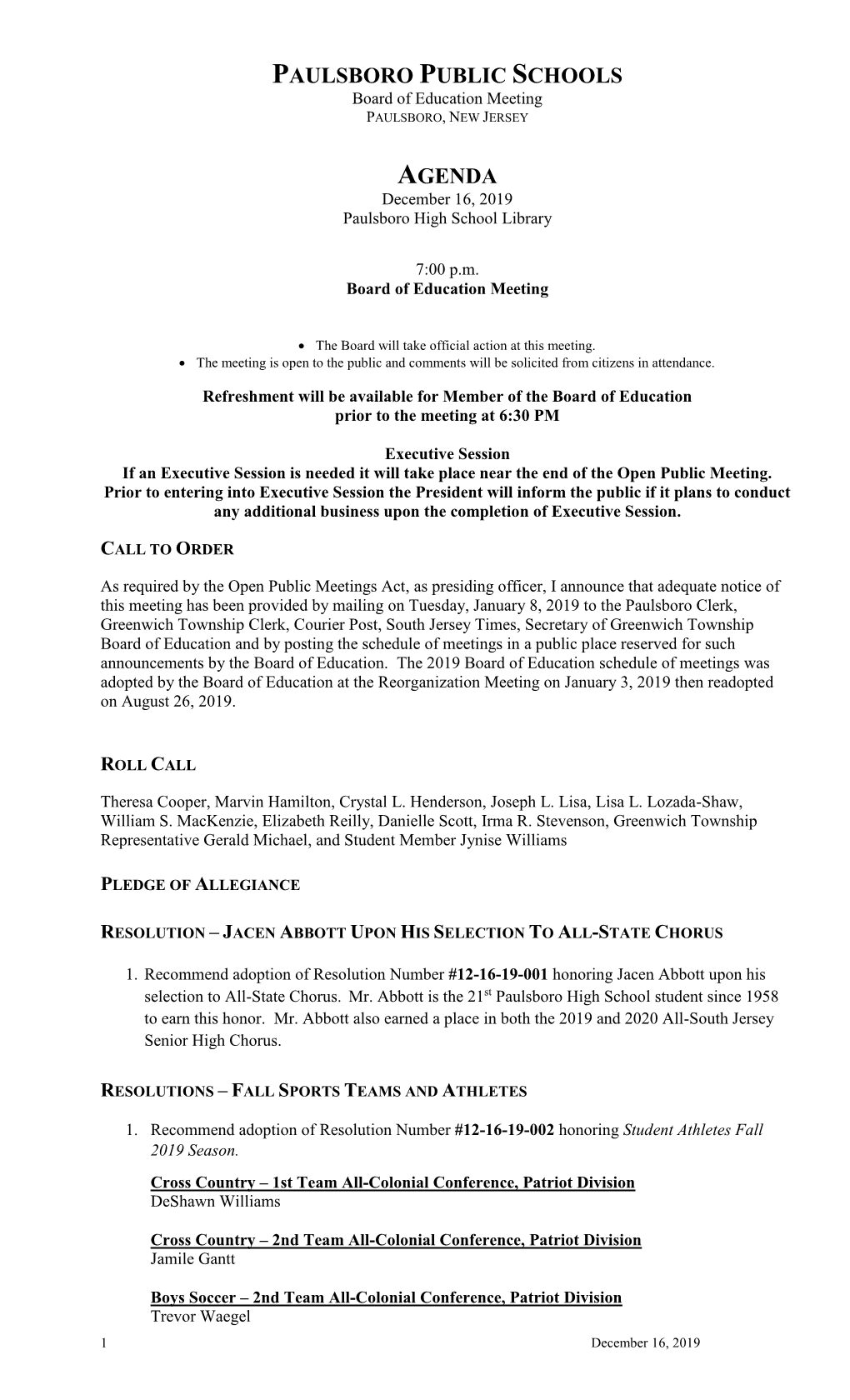 PAULSBORO PUBLIC SCHOOLS Board of Education Meeting PAULSBORO, NEW JERSEY