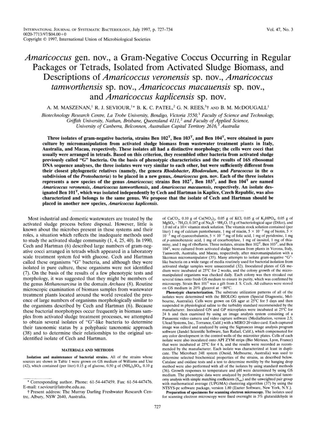 Descriptions of Amaricoccus Veronensis Sp. Nov., Amaricoccus Tamworthensis Sp