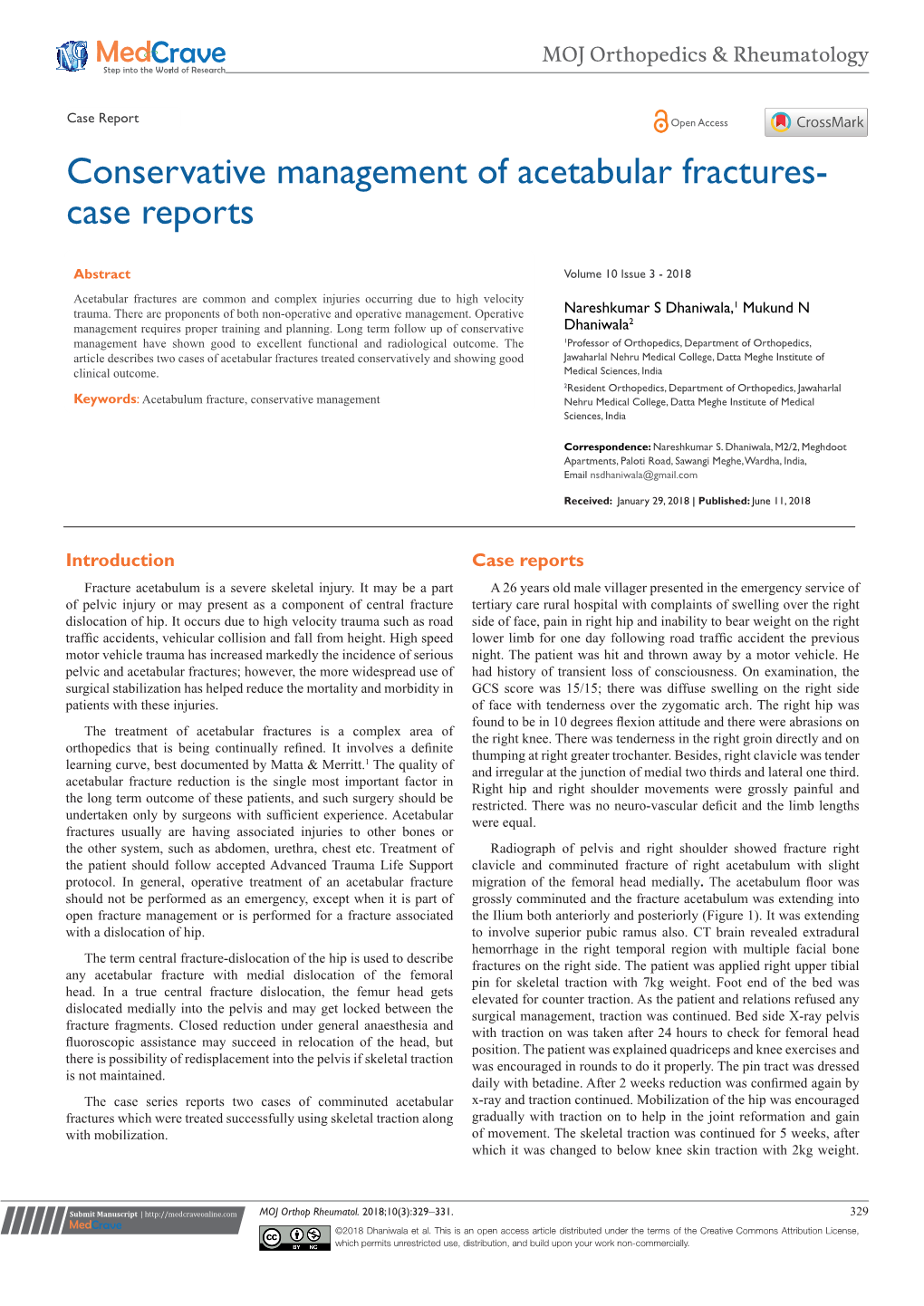 Conservative Management of Acetabular Fractures-Case Reports ©2018 Dhaniwala Et Al