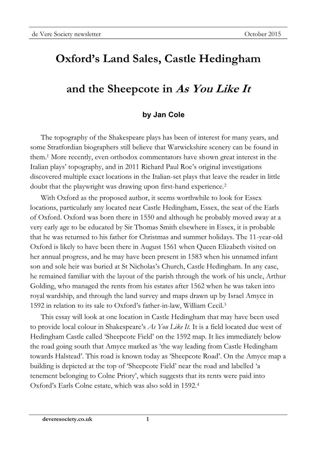 Oxford's Land Sales, Castle Hedingham and the Sheepcote In