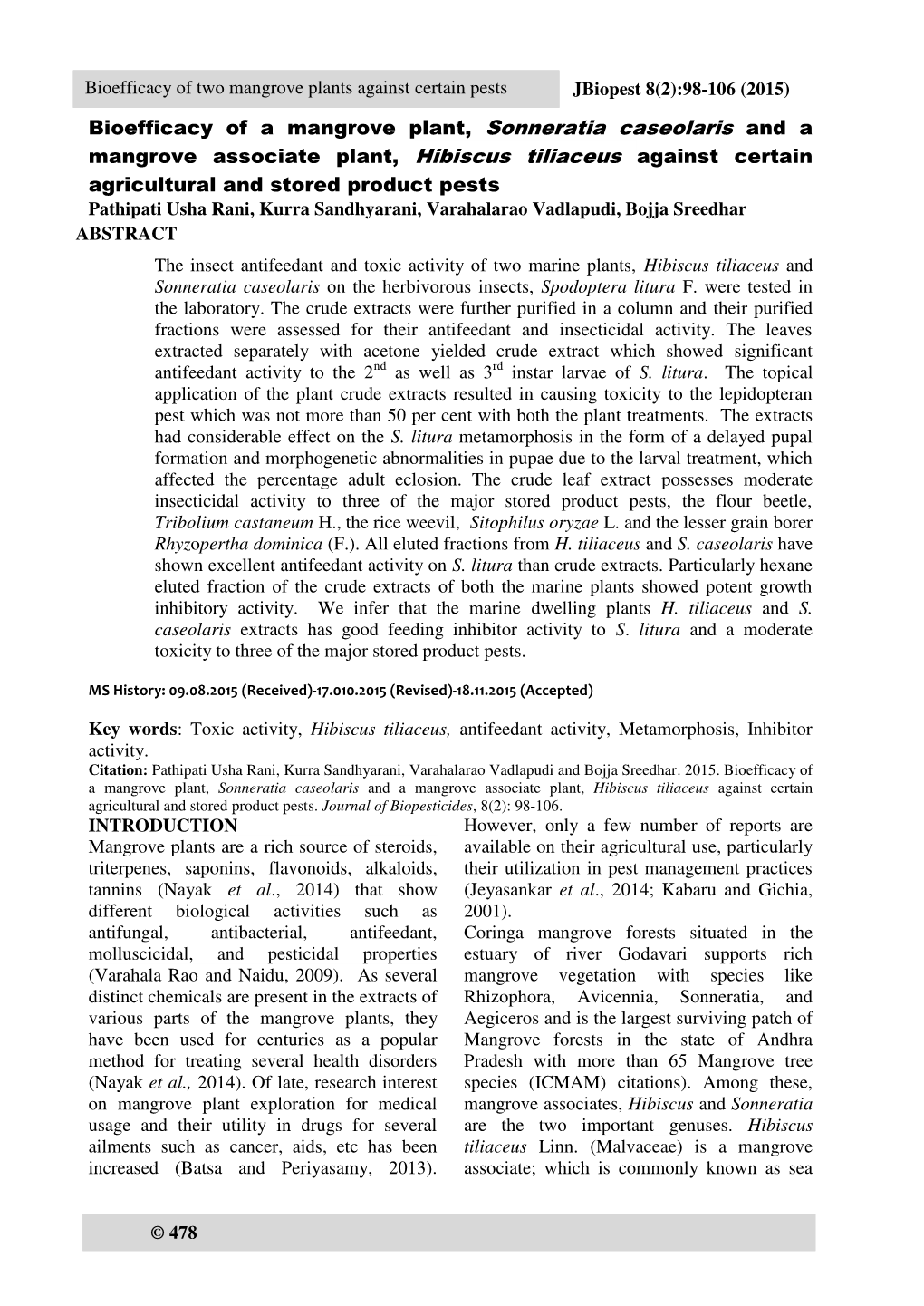 Bioefficacy of a Mangrove Plant, Sonneratia Caseolaris and A