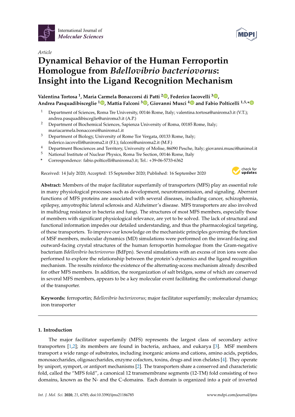 Dynamical Behavior of the Human Ferroportin Homologue from Bdellovibrio Bacteriovorus: Insight Into the Ligand Recognition Mechanism