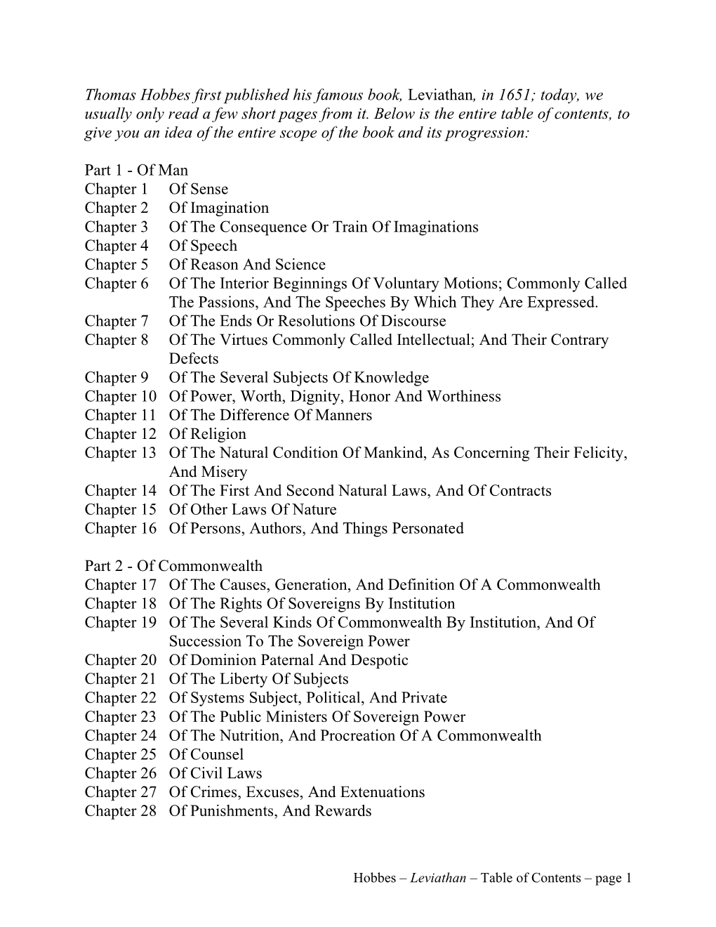 Thomas Hobbes First Published His Famous Book, Leviathan, in 1651; Today, We Usually Only Read a Few Short Pages from It. Below