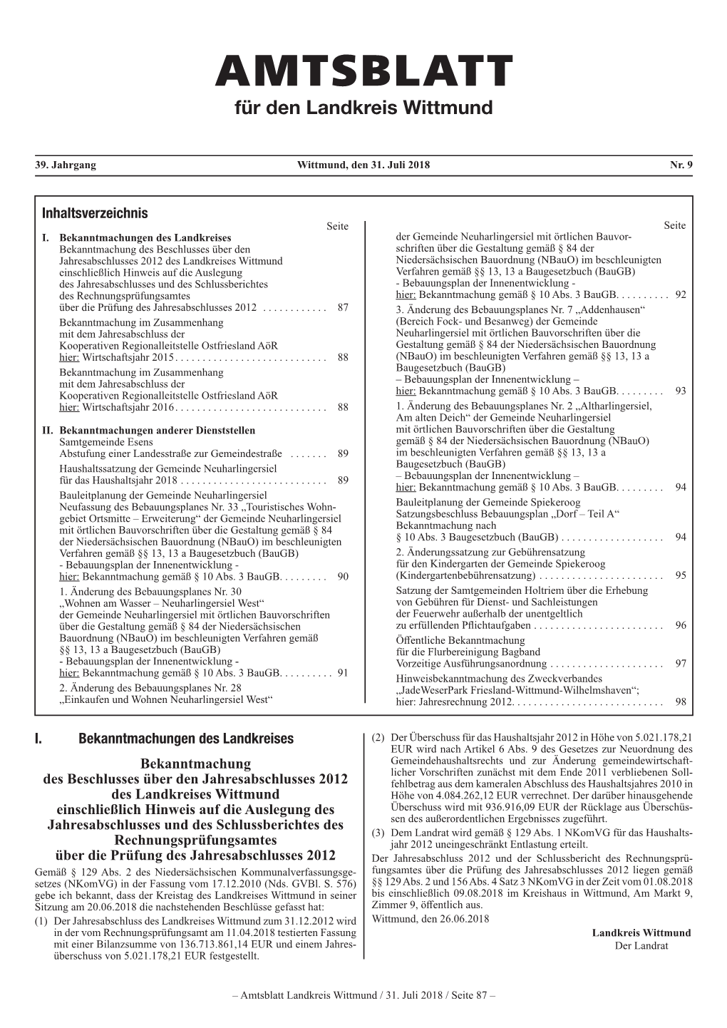 AMTSBLATT Für Den Landkreis Wittmund