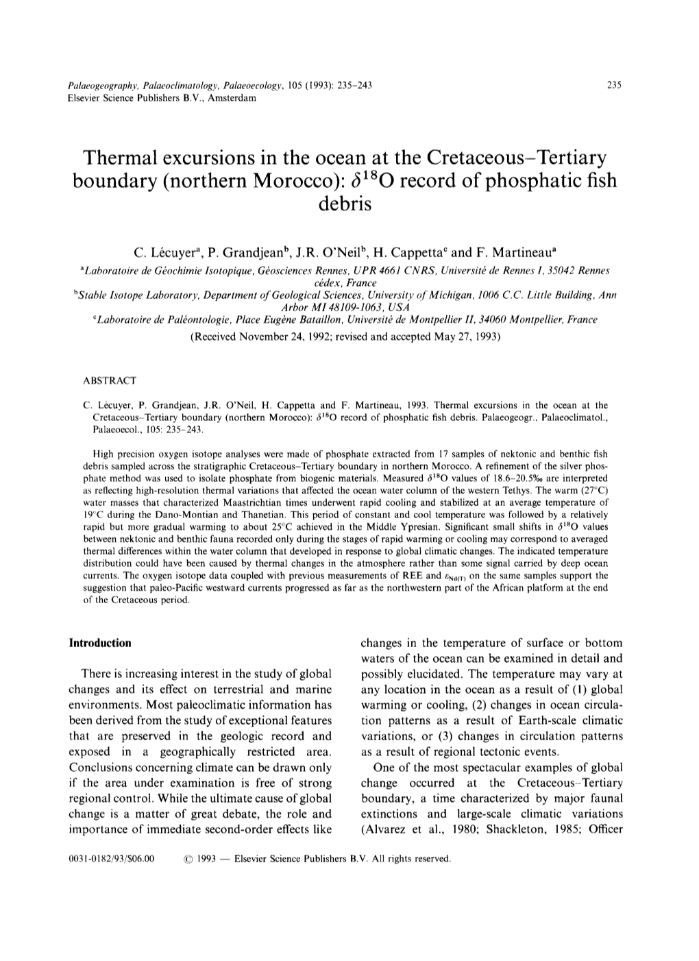 Thermal Excursions in the Ocean at the Cretaceous-Tertiary Boundary (Northern Morocco): 6 So Record of Phosphatic Fish Debris