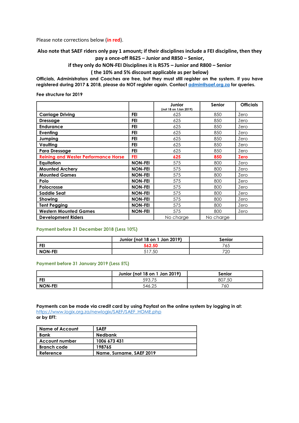 Please Note Corrections Below (In Red). Also Note That SAEF Riders