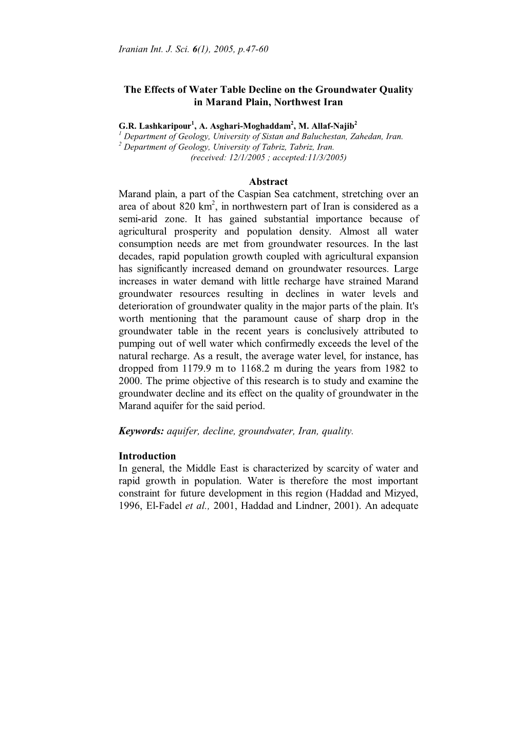 The Effects of Water Table Decline on the Groundwater Quality in Marand Plain, Northwest Iran