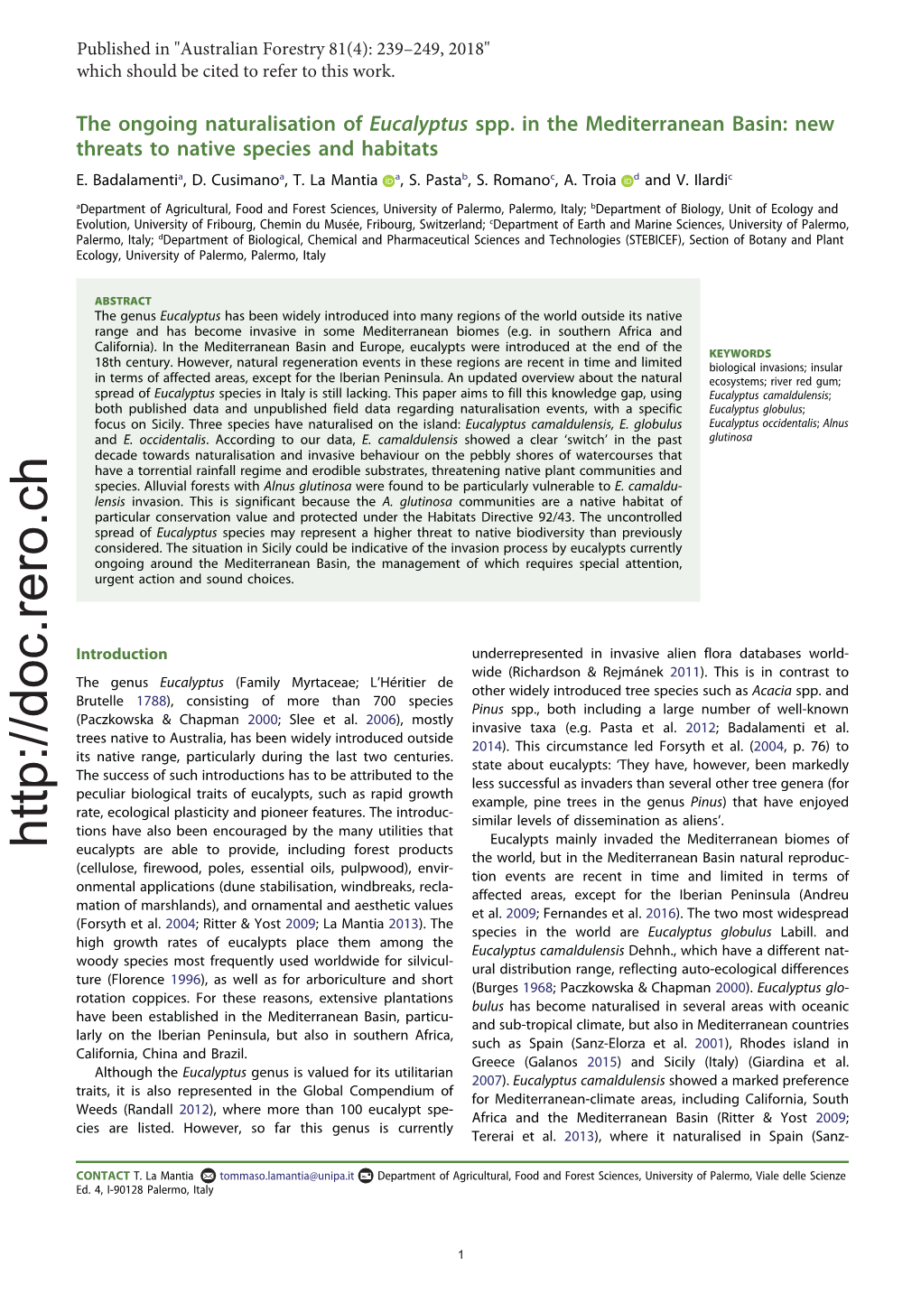 The Ongoing Naturalisation of Eucalyptus Spp. in the Mediterranean Basin: New Threats to Native Species and Habitats E