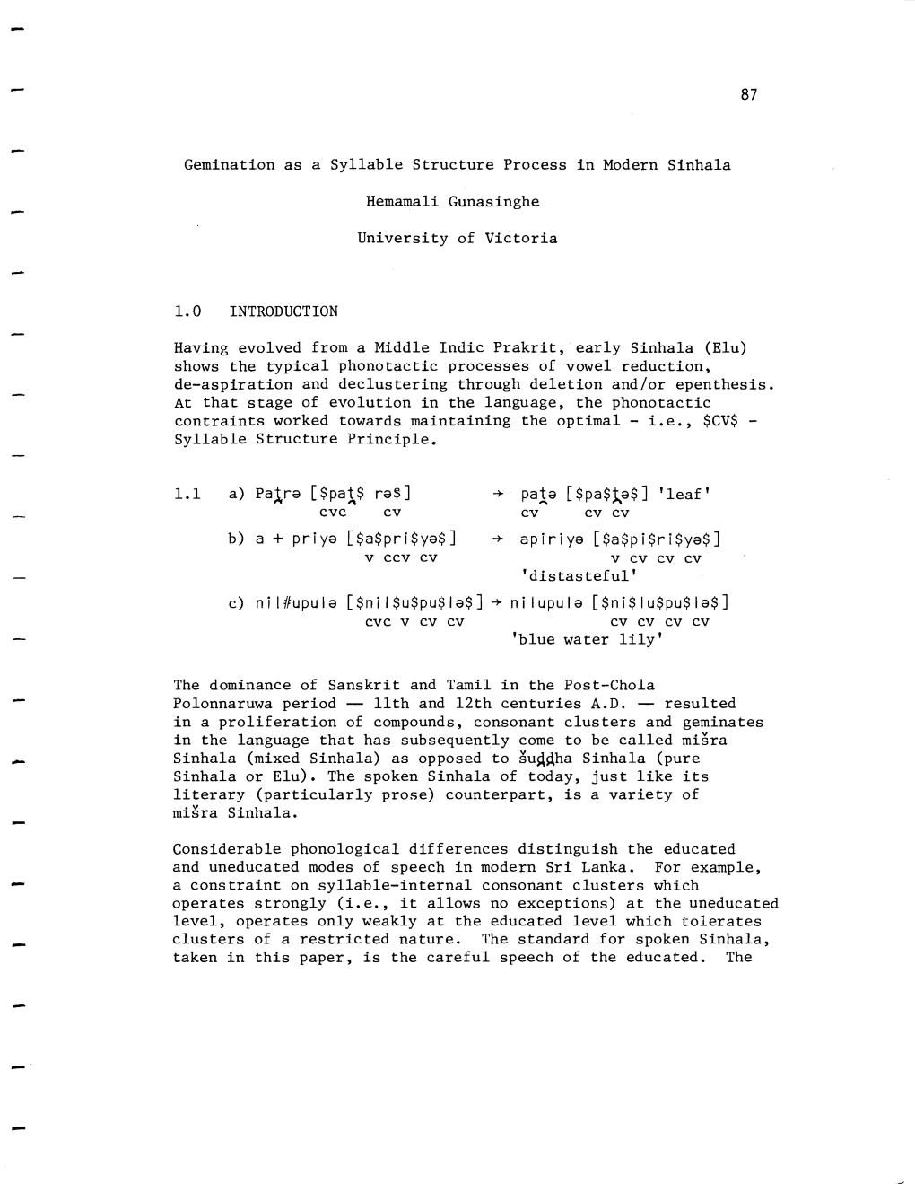 Gemination As a Syllable Structure Process in Modern Sinhala