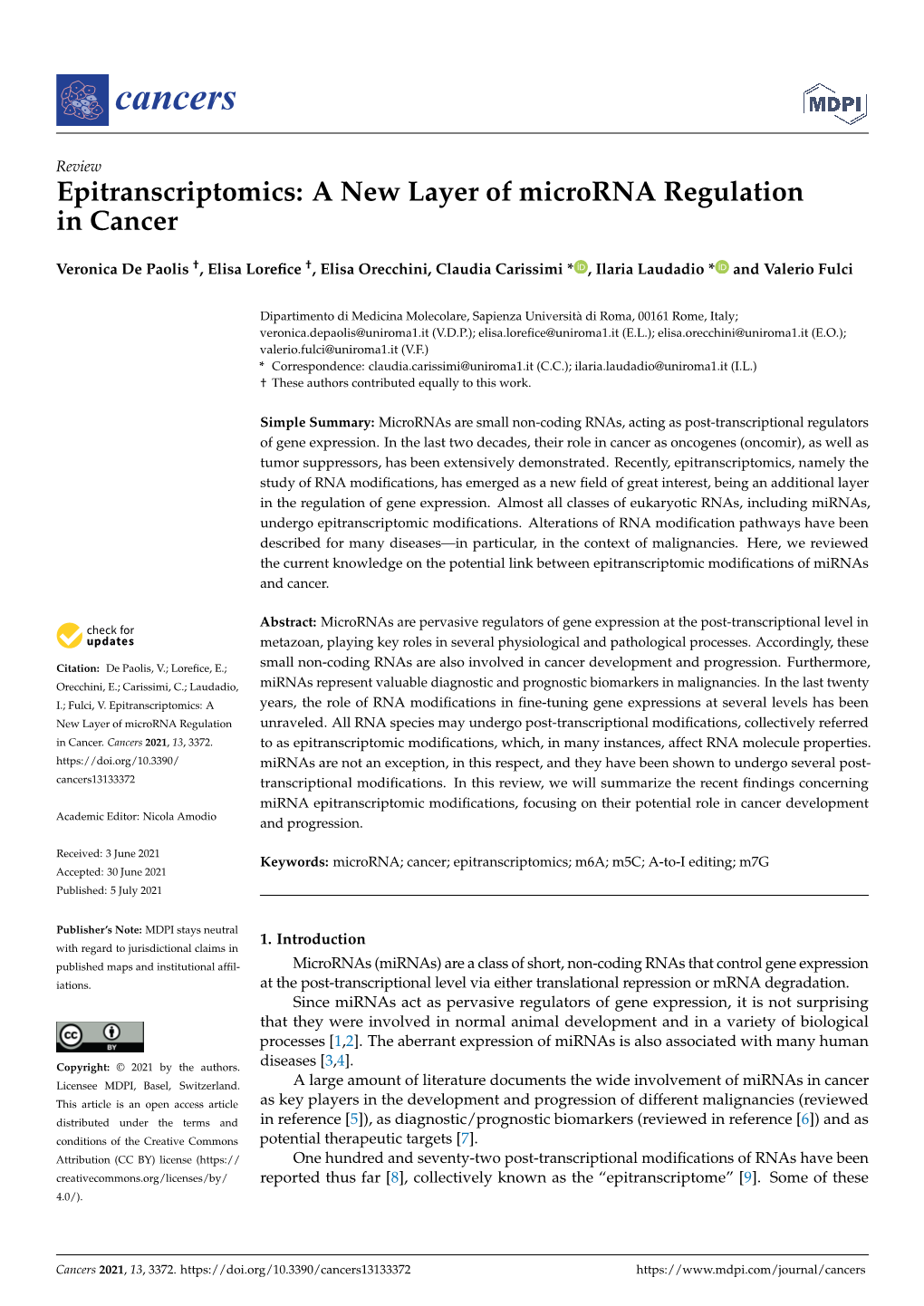 Epitranscriptomics: a New Layer of Microrna Regulation in Cancer