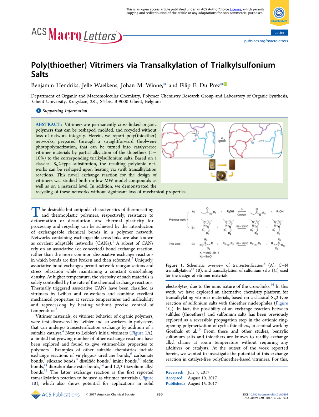 Vitrimers Via Transalkylation of Trialkylsulfonium Salts Benjamin Hendriks, Jelle Waelkens, Johan M