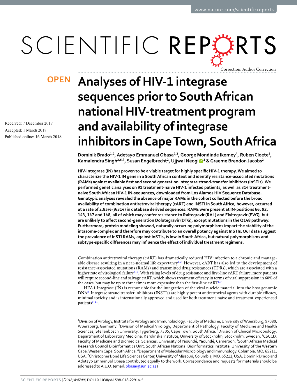 Analyses of HIV-1 Integrase Sequences Prior to South African