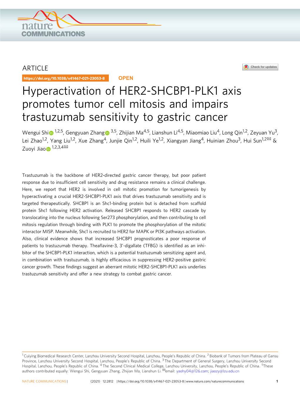 Hyperactivation of HER2-SHCBP1-PLK1 Axis Promotes Tumor Cell Mitosis and Impairs Trastuzumab Sensitivity to Gastric Cancer