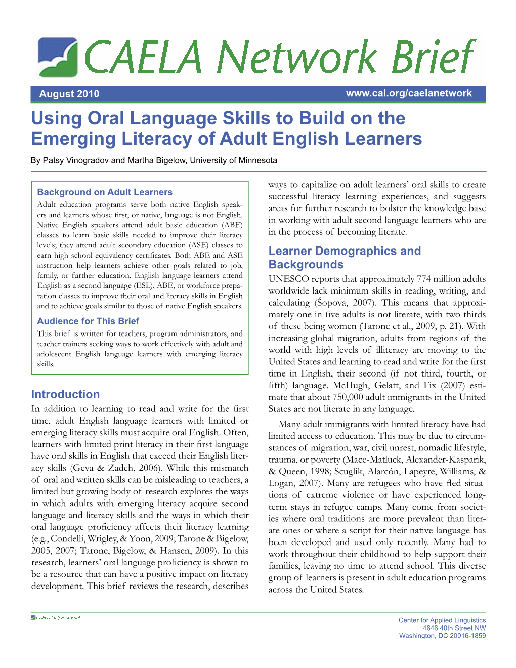 Using Oral Language Skills to Build on the Emerging Literacy of Adult