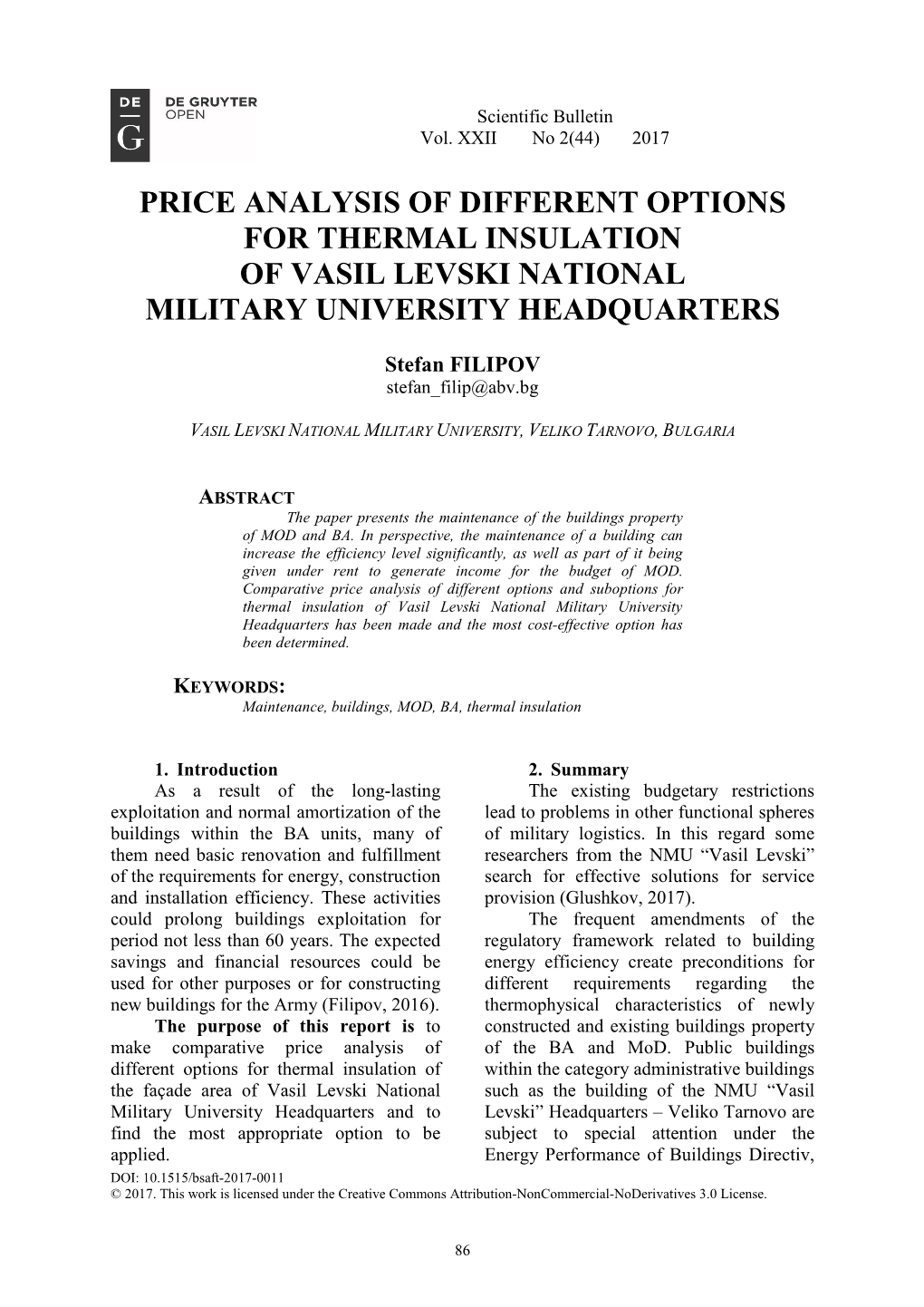 Price Analysis of Different Options for Thermal Insulation of Vasil Levski National Military University Headquarters