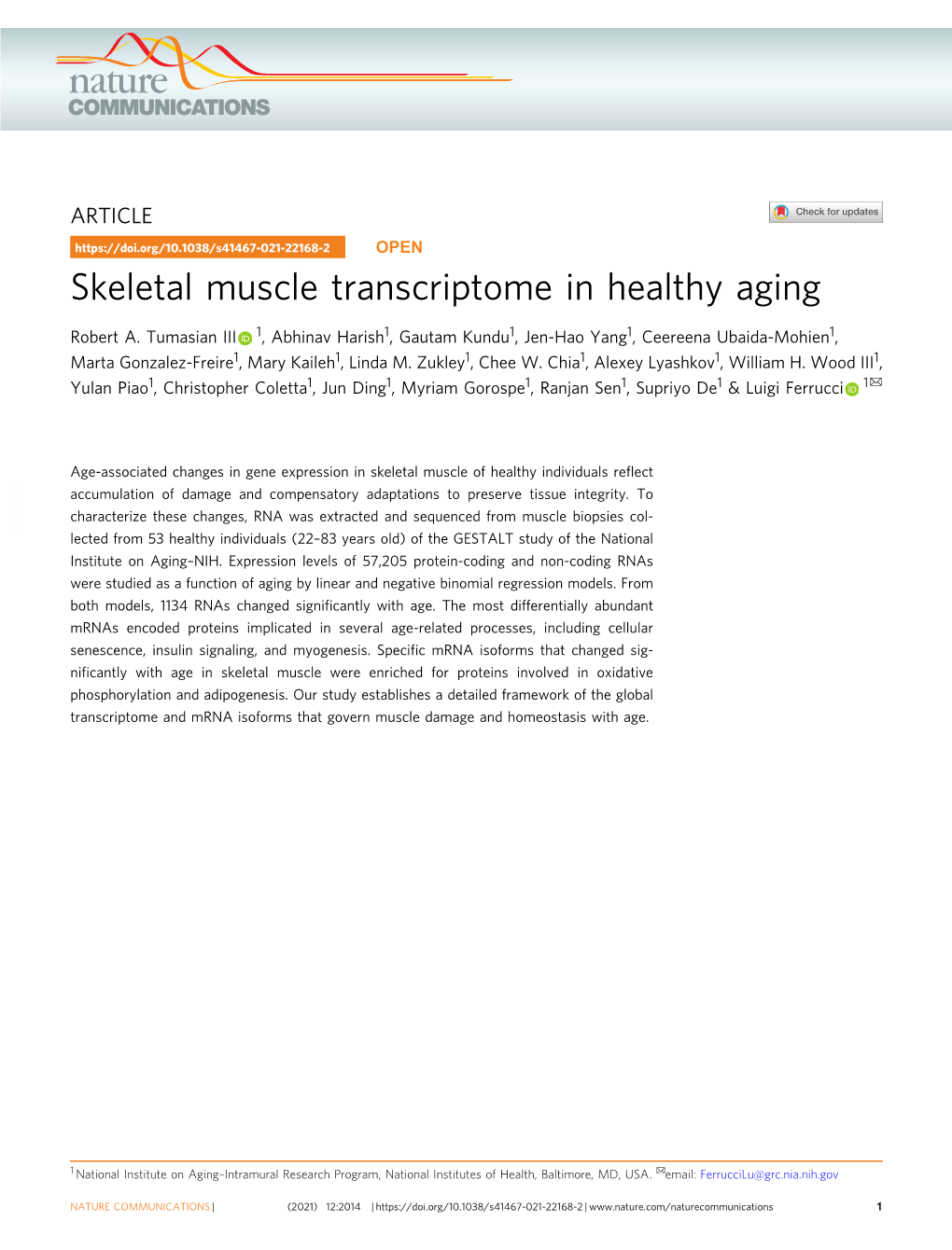 Skeletal Muscle Transcriptome in Healthy Aging